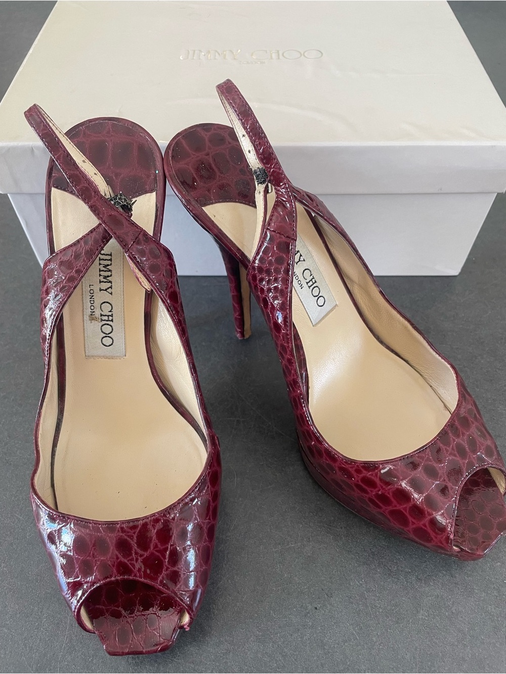 Jimmy Choo Burgundy Croc-Embossed Peep-Toe Slingbacks